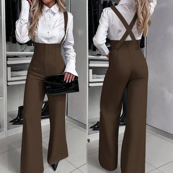 Pants - Coffee Brown Elegant Women's Spaghetti Strap Wide Leg Jumpsuit